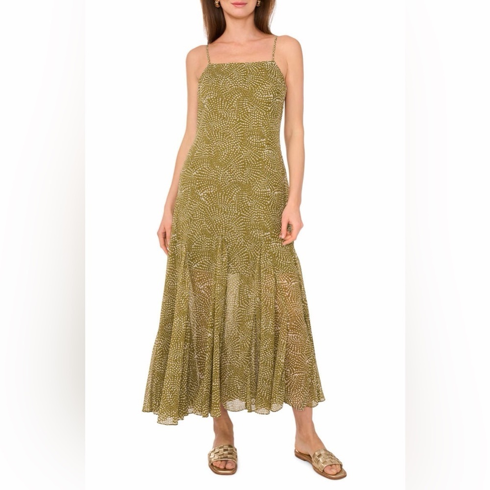 1 State Godet Maxi Dress Printed Dress Avocado Green